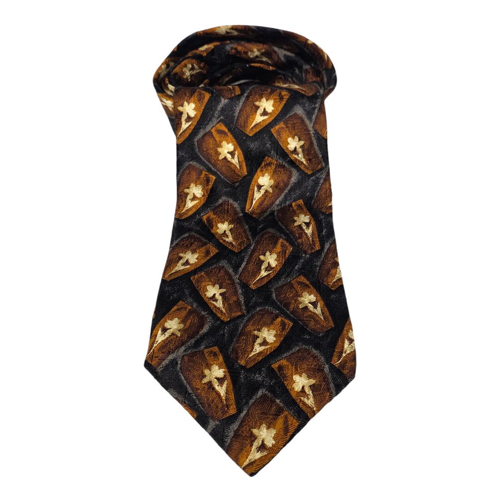 ERMENEGILDO ZEGNA VINTAGE SILK 4" TIE MADE IN ITALY BLACK / BROWN / GOLD PRINT